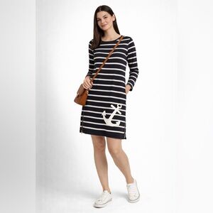 J.Crew Navy Blue Striped Knit Dress XS Anchor Detail Side Zippers Cotton